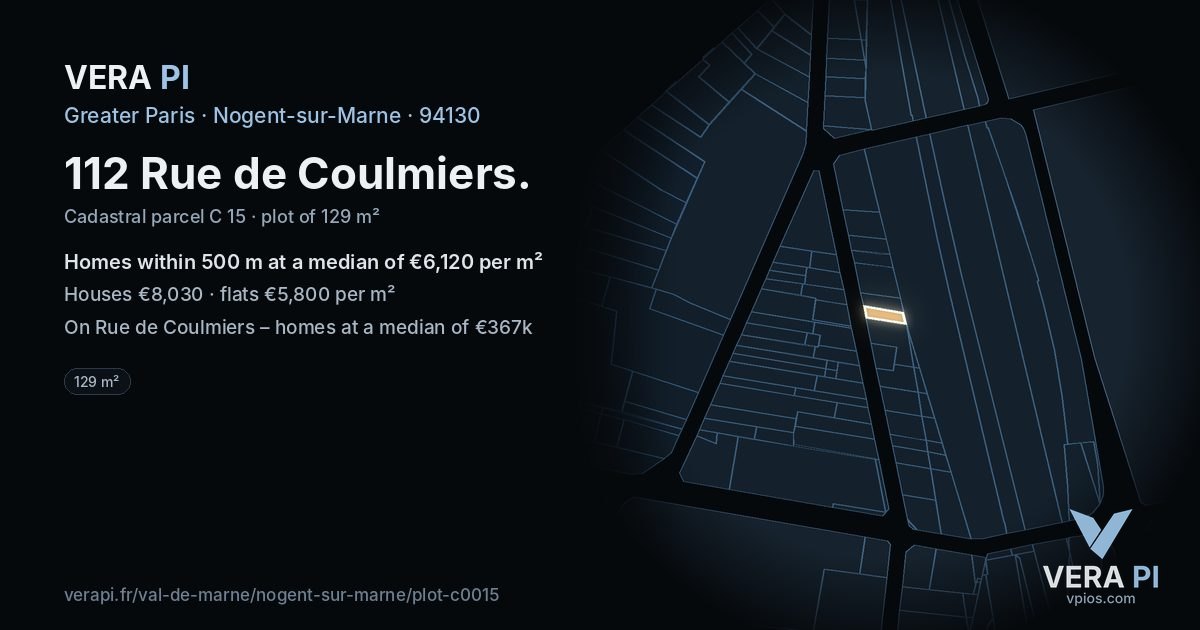 112 Rue de Coulmiers, Nogent-sur-Marne at night – the plot lit, the parcels around coloured by the prices near them