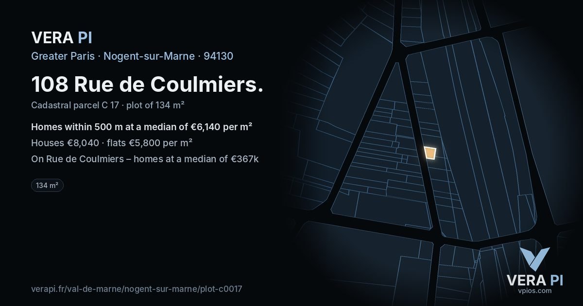 108 Rue de Coulmiers, Nogent-sur-Marne at night – the plot lit, the parcels around coloured by the prices near them