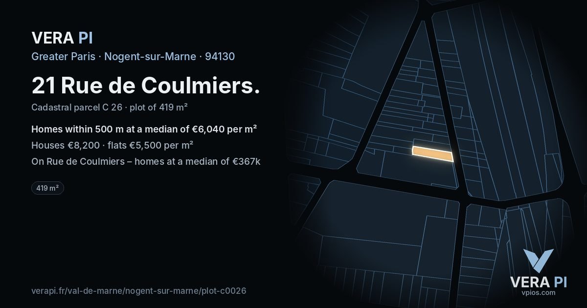 21 Rue de Coulmiers, Nogent-sur-Marne at night – the plot lit, the parcels around coloured by the prices near them