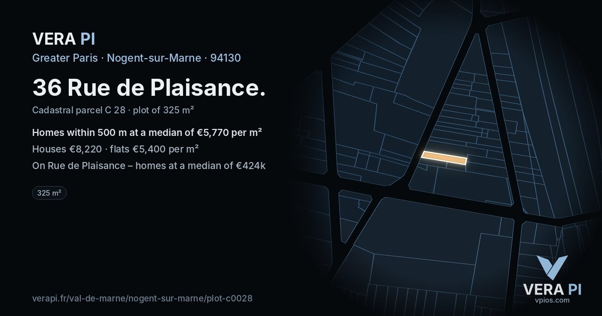 36 Rue de Plaisance, Nogent-sur-Marne at night – the plot lit, the parcels around coloured by the prices near them