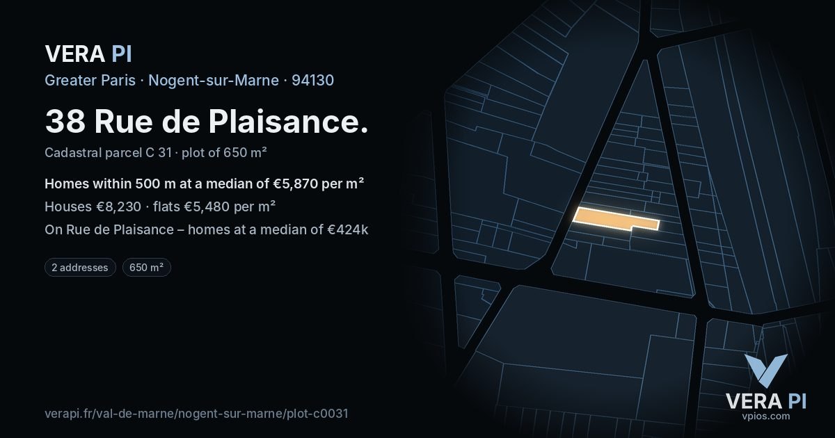 38 Rue de Plaisance, Nogent-sur-Marne at night – the plot lit, the parcels around coloured by the prices near them