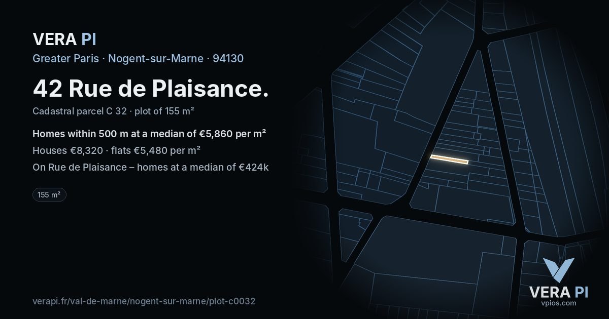 42 Rue de Plaisance, Nogent-sur-Marne at night – the plot lit, the parcels around coloured by the prices near them