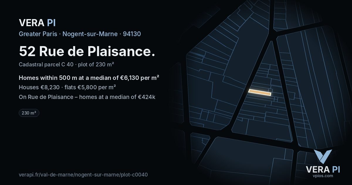 52 Rue de Plaisance, Nogent-sur-Marne at night – the plot lit, the parcels around coloured by the prices near them