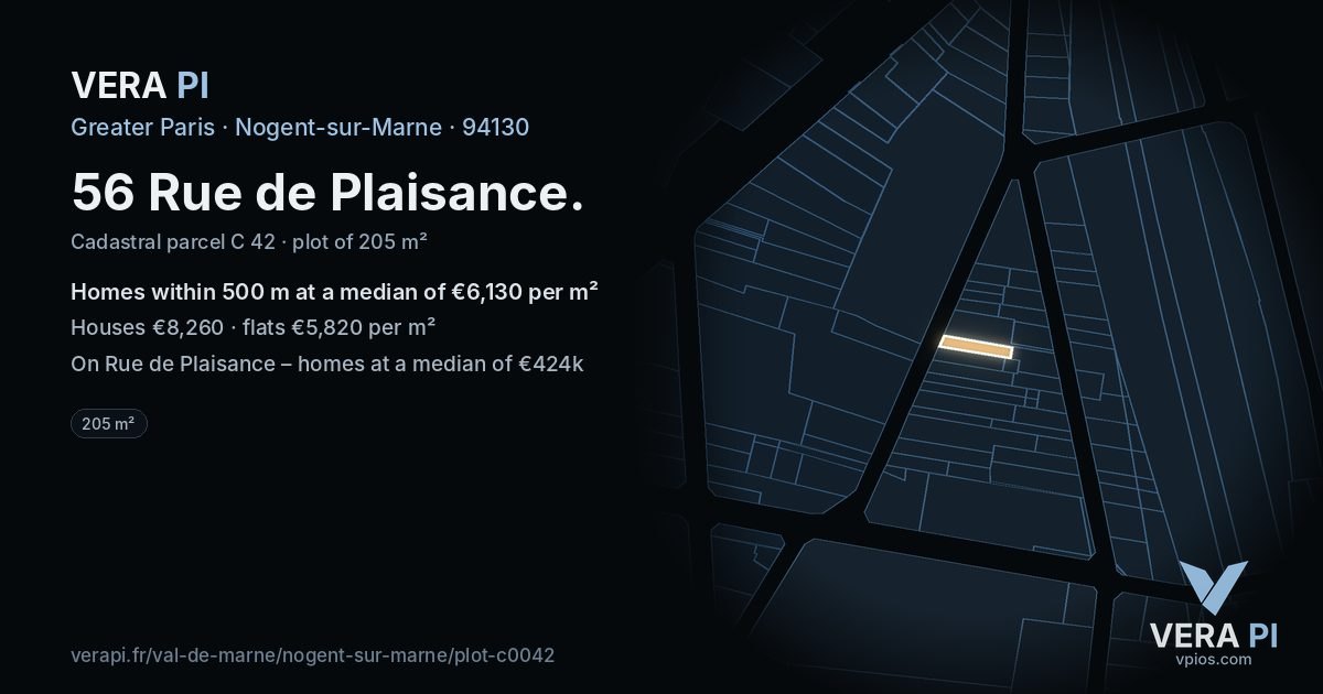 56 Rue de Plaisance, Nogent-sur-Marne at night – the plot lit, the parcels around coloured by the prices near them