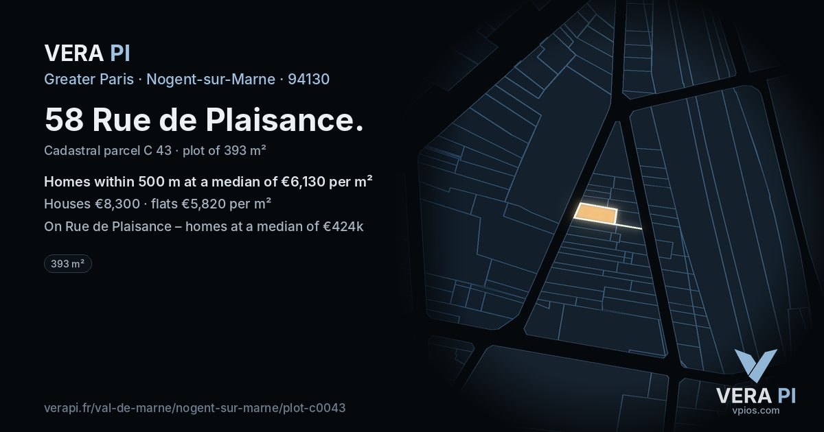 58 Rue de Plaisance, Nogent-sur-Marne at night – the plot lit, the parcels around coloured by the prices near them