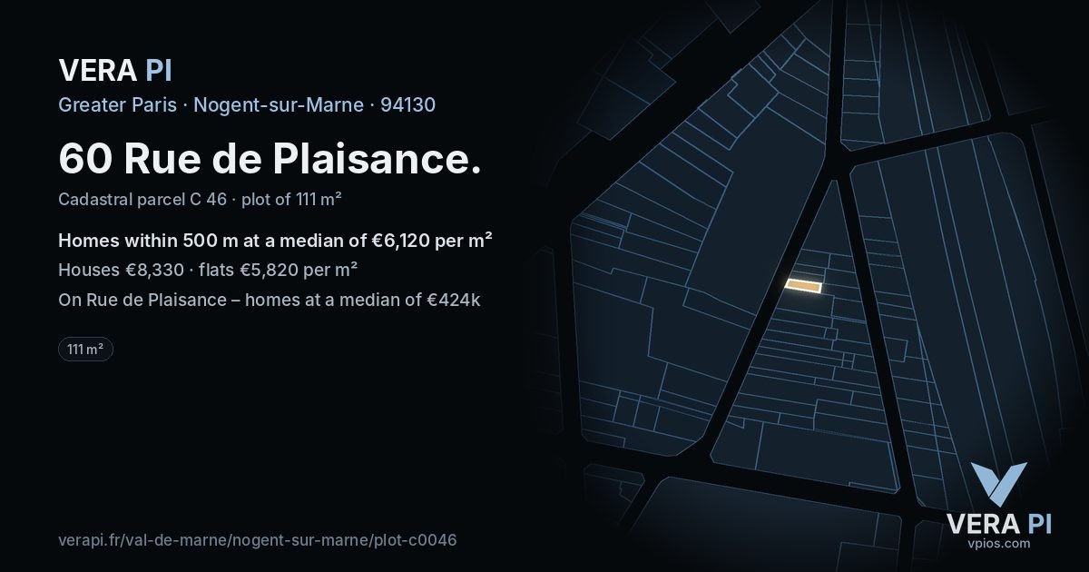 60 Rue de Plaisance, Nogent-sur-Marne at night – the plot lit, the parcels around coloured by the prices near them