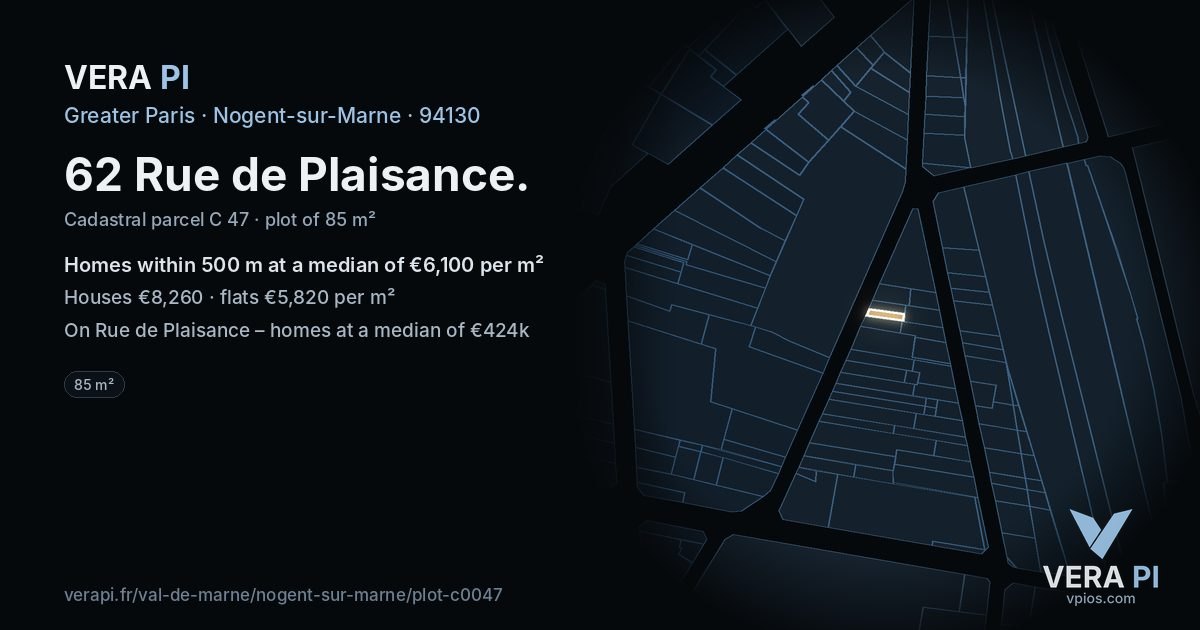 62 Rue de Plaisance, Nogent-sur-Marne at night – the plot lit, the parcels around coloured by the prices near them