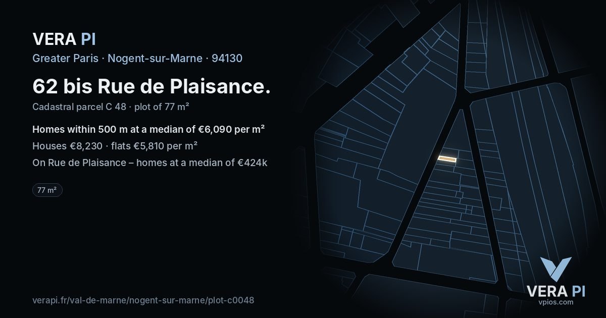 62 bis Rue de Plaisance, Nogent-sur-Marne at night – the plot lit, the parcels around coloured by the prices near them