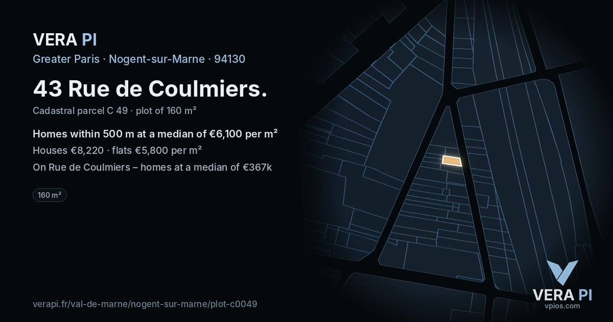 43 Rue de Coulmiers, Nogent-sur-Marne at night – the plot lit, the parcels around coloured by the prices near them