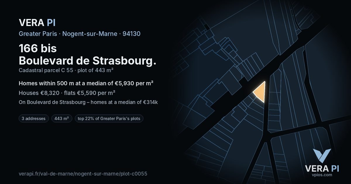 166 bis Boulevard de Strasbourg, Nogent-sur-Marne at night – the plot lit, the parcels around coloured by the prices near them