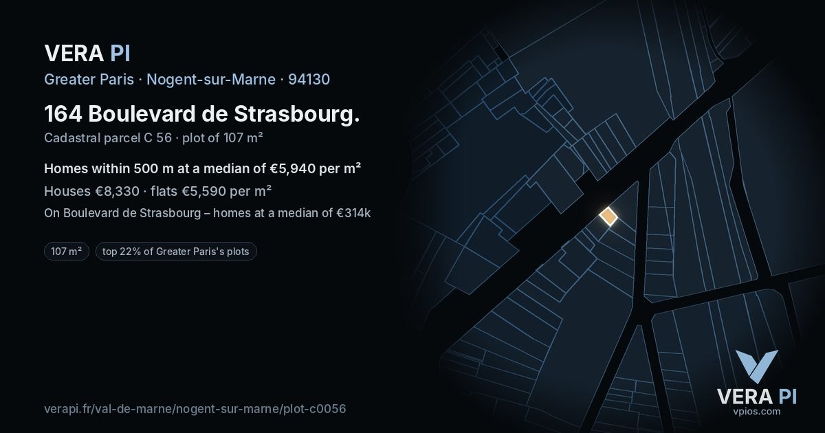 164 Boulevard de Strasbourg, Nogent-sur-Marne at night – the plot lit, the parcels around coloured by the prices near them