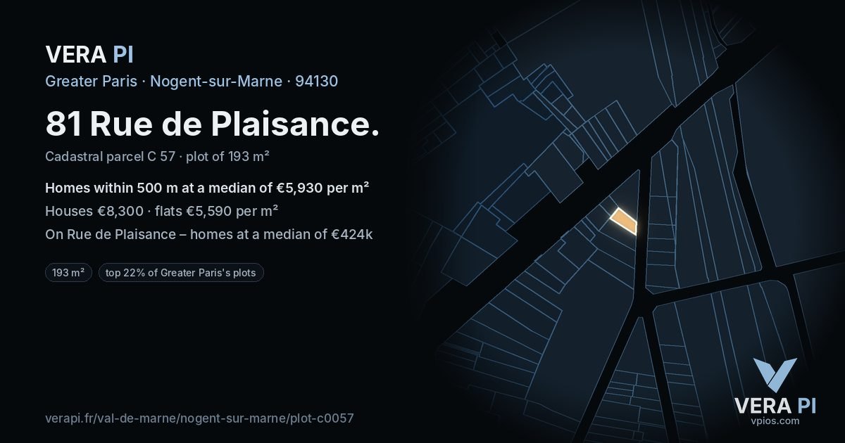 81 Rue de Plaisance, Nogent-sur-Marne at night – the plot lit, the parcels around coloured by the prices near them
