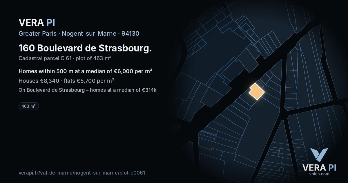 160 Boulevard de Strasbourg, Nogent-sur-Marne at night – the plot lit, the parcels around coloured by the prices near them