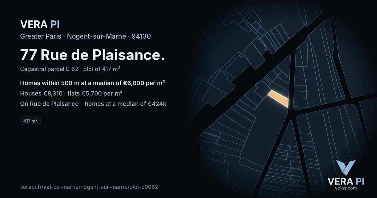 77 Rue de Plaisance, Nogent-sur-Marne at night – the plot lit, the parcels around coloured by the prices near them