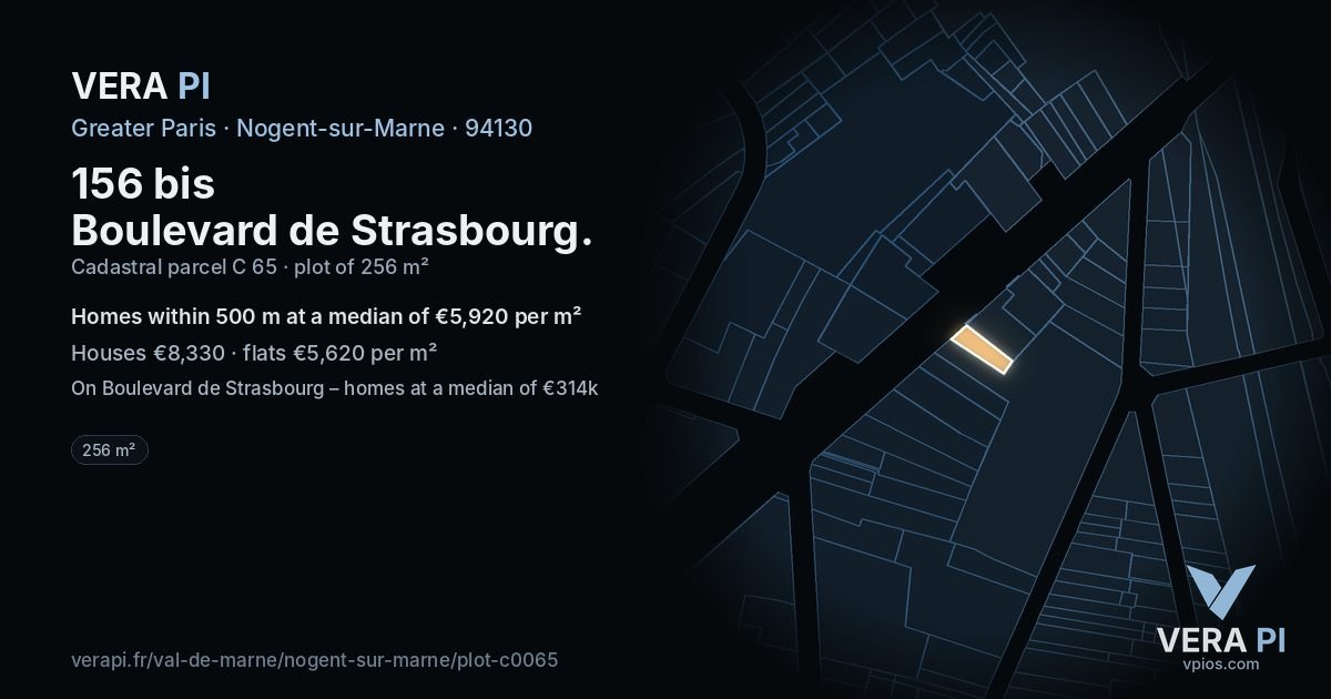 156 bis Boulevard de Strasbourg, Nogent-sur-Marne at night – the plot lit, the parcels around coloured by the prices near them