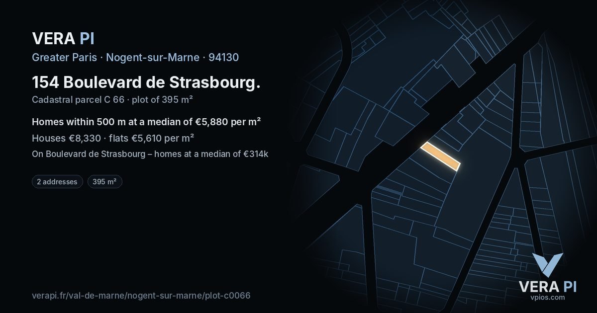 154 Boulevard de Strasbourg, Nogent-sur-Marne at night – the plot lit, the parcels around coloured by the prices near them