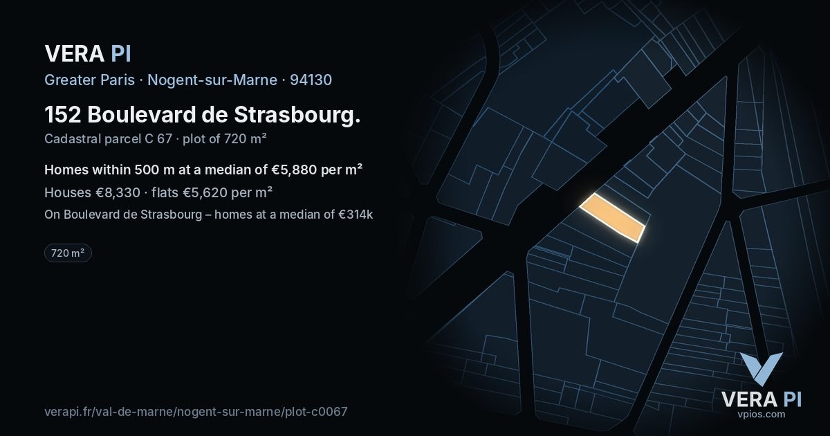 152 Boulevard de Strasbourg, Nogent-sur-Marne at night – the plot lit, the parcels around coloured by the prices near them