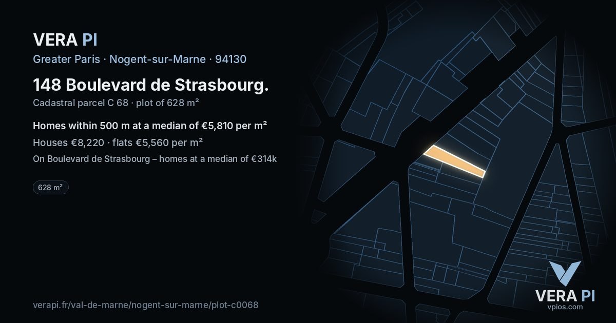 148 Boulevard de Strasbourg, Nogent-sur-Marne at night – the plot lit, the parcels around coloured by the prices near them