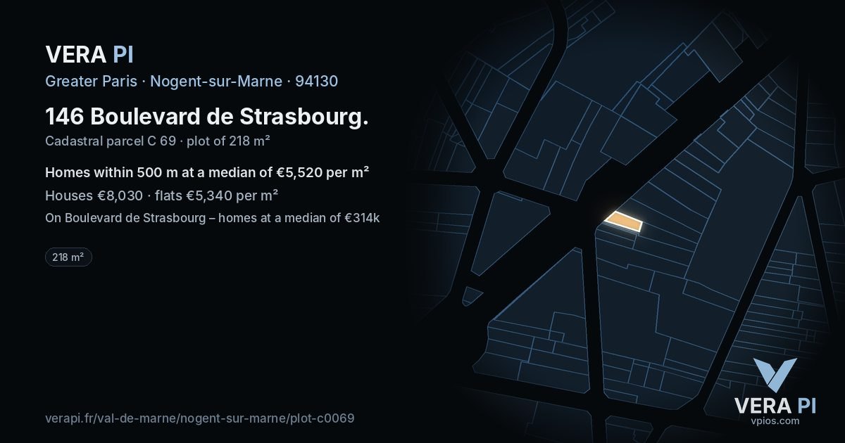 146 Boulevard de Strasbourg, Nogent-sur-Marne at night – the plot lit, the parcels around coloured by the prices near them