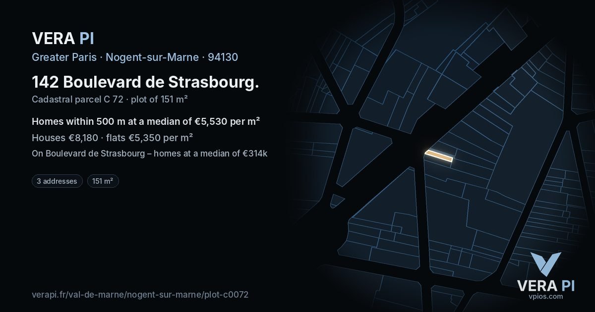 142 Boulevard de Strasbourg, Nogent-sur-Marne at night – the plot lit, the parcels around coloured by the prices near them