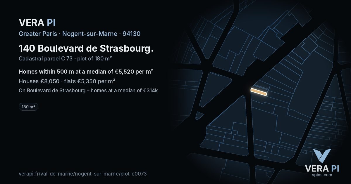 140 Boulevard de Strasbourg, Nogent-sur-Marne at night – the plot lit, the parcels around coloured by the prices near them