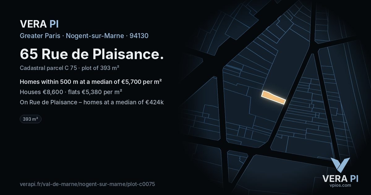 65 Rue de Plaisance, Nogent-sur-Marne at night – the plot lit, the parcels around coloured by the prices near them