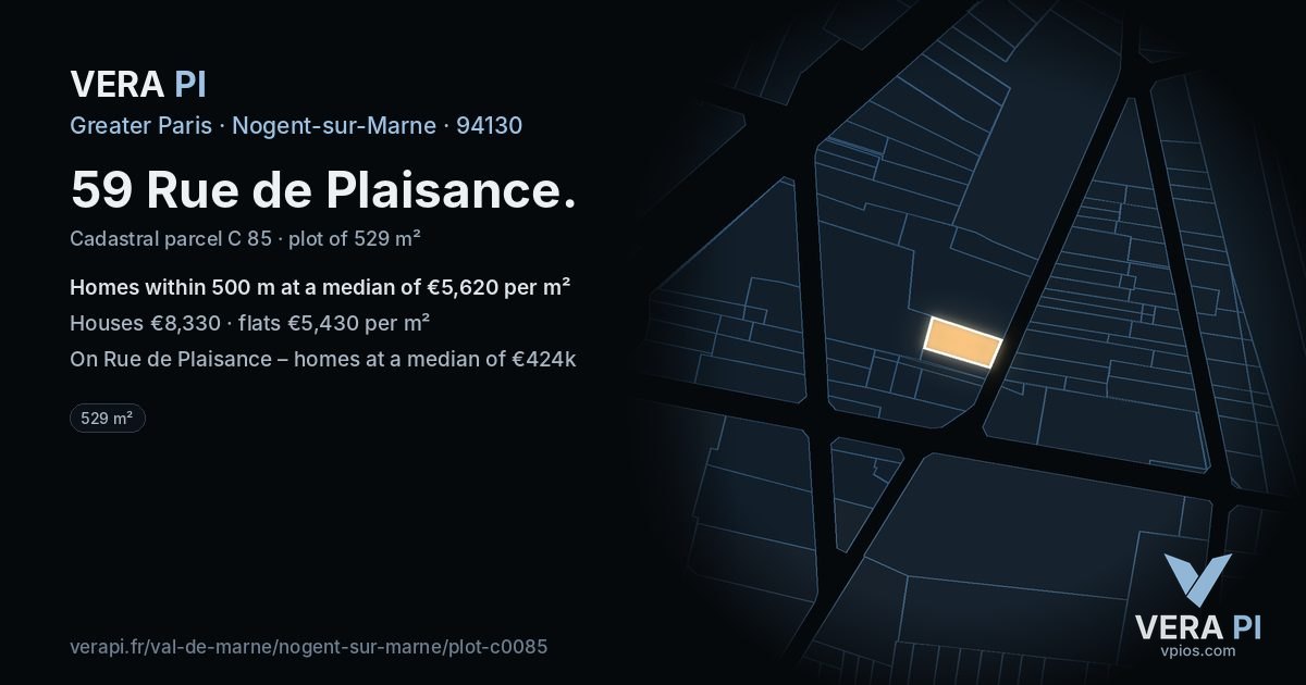 59 Rue de Plaisance, Nogent-sur-Marne at night – the plot lit, the parcels around coloured by the prices near them