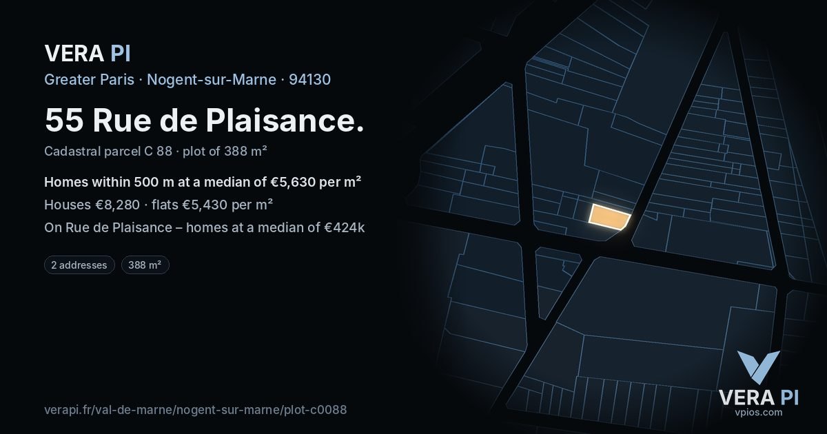 55 Rue de Plaisance, Nogent-sur-Marne at night – the plot lit, the parcels around coloured by the prices near them