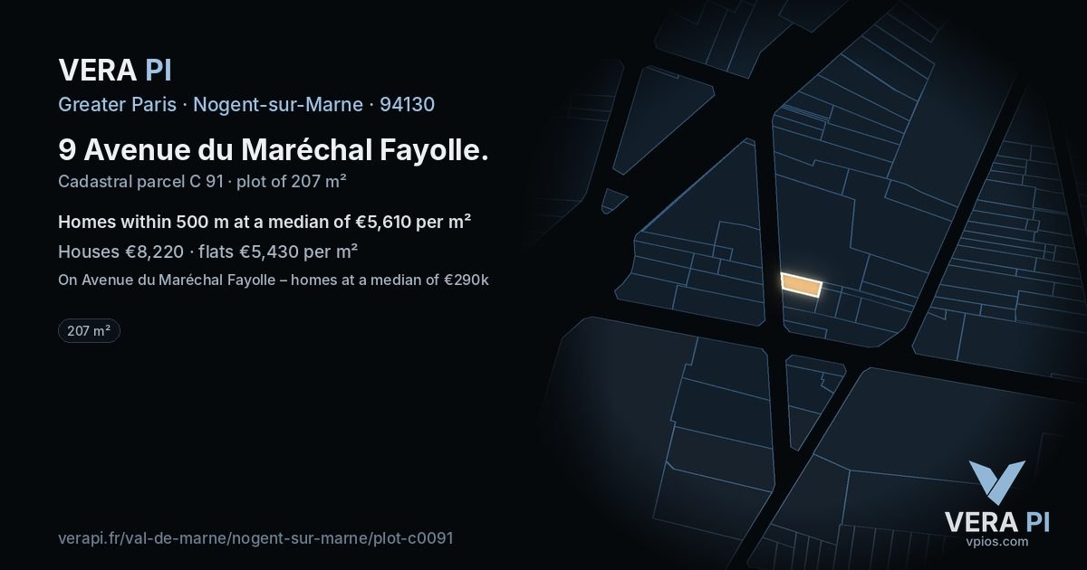 9 Avenue du Maréchal Fayolle, Nogent-sur-Marne at night – the plot lit, the parcels around coloured by the prices near them