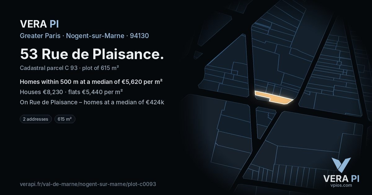 53 Rue de Plaisance, Nogent-sur-Marne at night – the plot lit, the parcels around coloured by the prices near them