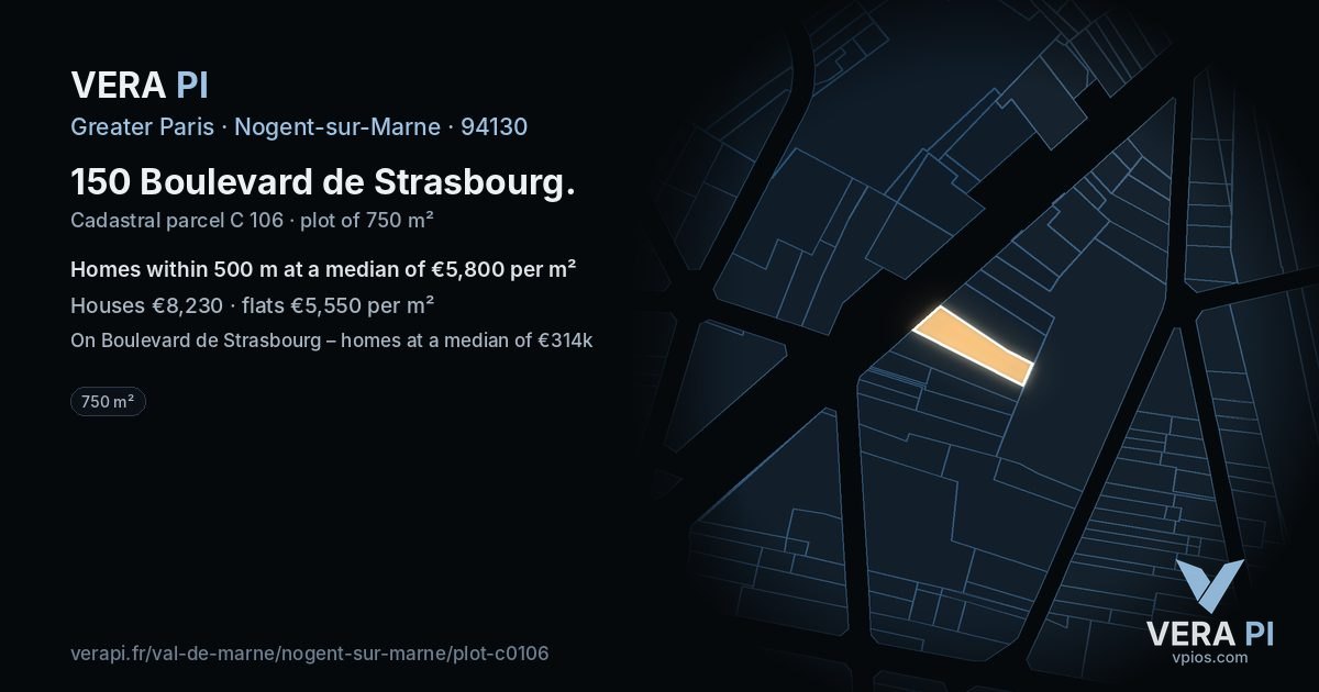150 Boulevard de Strasbourg, Nogent-sur-Marne at night – the plot lit, the parcels around coloured by the prices near them