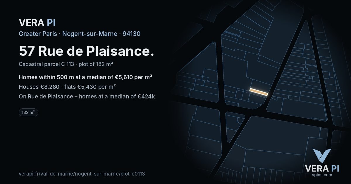 57 Rue de Plaisance, Nogent-sur-Marne at night – the plot lit, the parcels around coloured by the prices near them