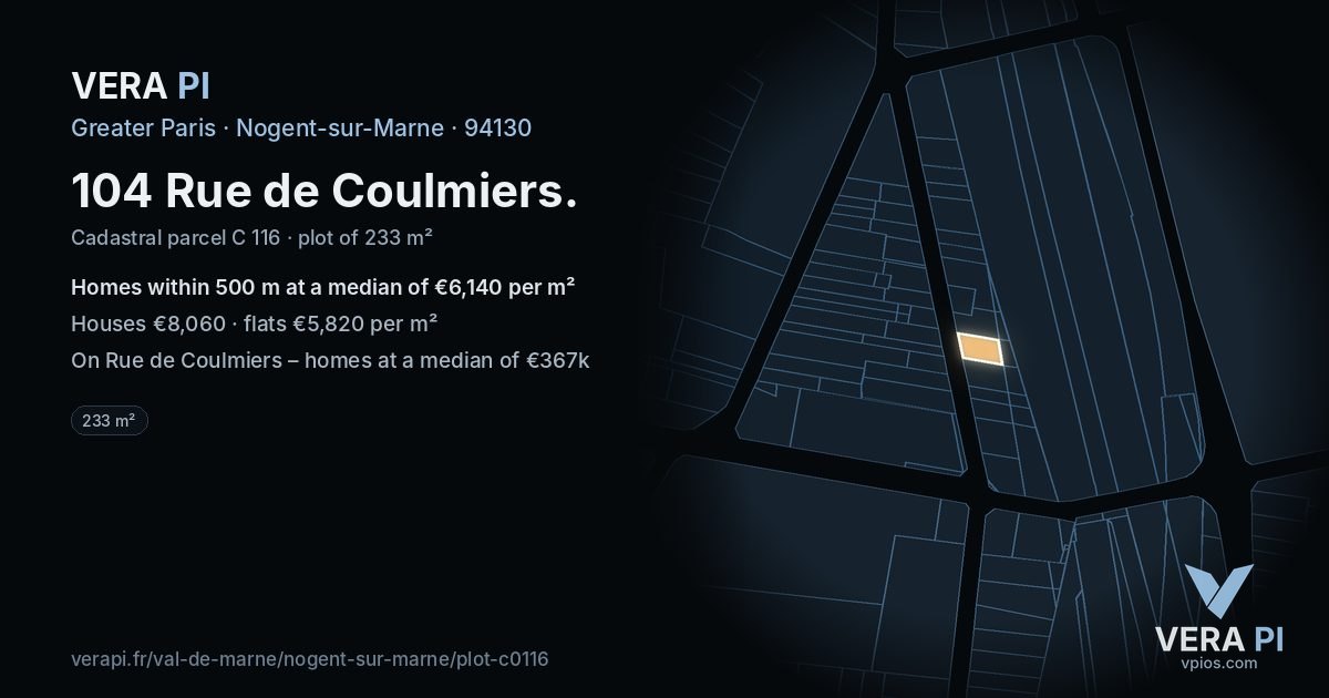 104 Rue de Coulmiers, Nogent-sur-Marne at night – the plot lit, the parcels around coloured by the prices near them