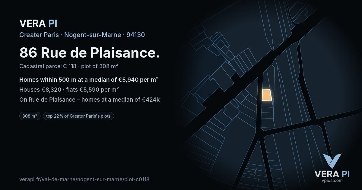 86 Rue de Plaisance, Nogent-sur-Marne at night – the plot lit, the parcels around coloured by the prices near them