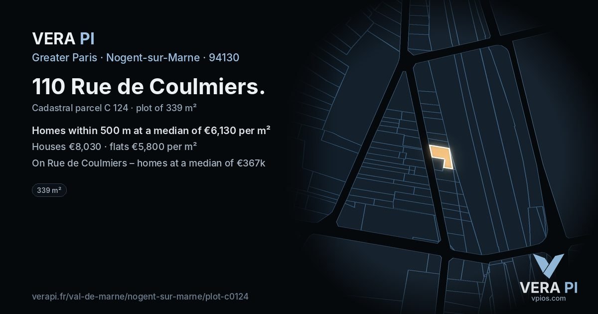 110 Rue de Coulmiers, Nogent-sur-Marne at night – the plot lit, the parcels around coloured by the prices near them