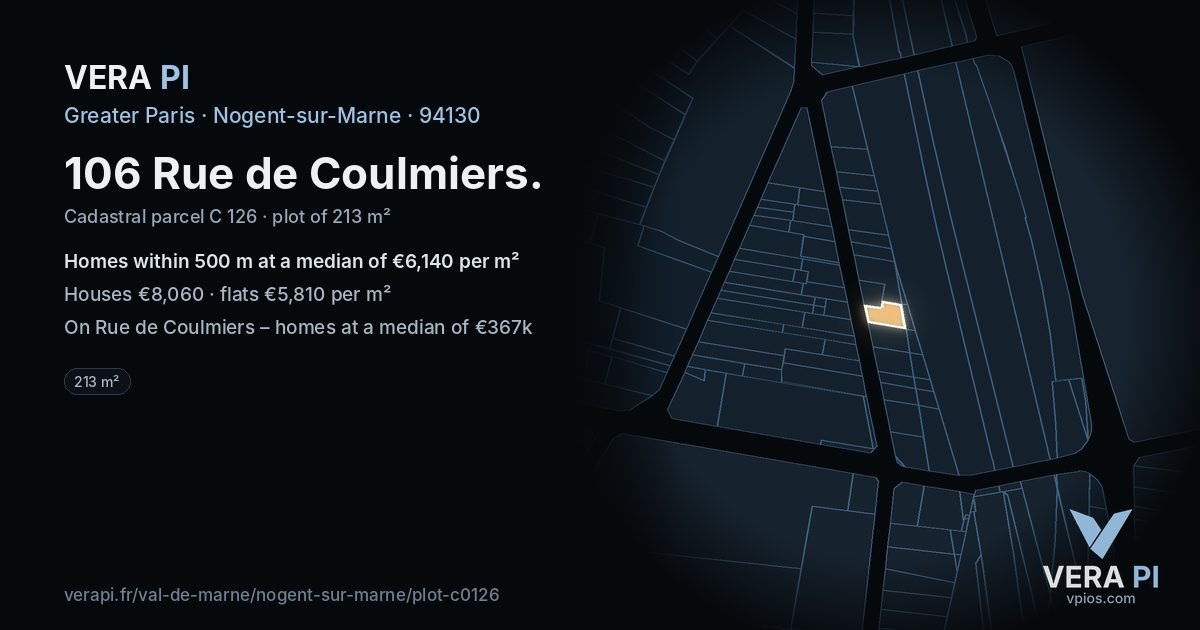 106 Rue de Coulmiers, Nogent-sur-Marne at night – the plot lit, the parcels around coloured by the prices near them