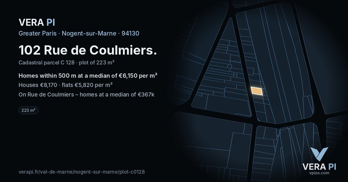 102 Rue de Coulmiers, Nogent-sur-Marne at night – the plot lit, the parcels around coloured by the prices near them