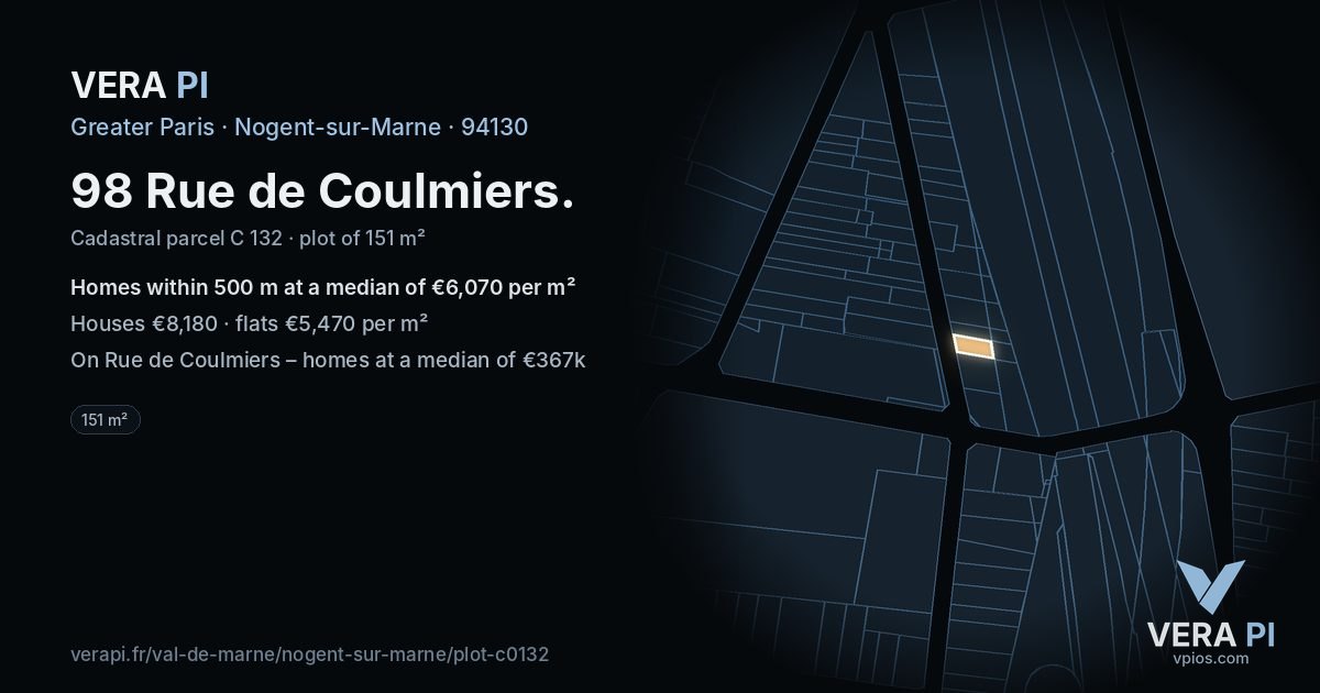 98 Rue de Coulmiers, Nogent-sur-Marne at night – the plot lit, the parcels around coloured by the prices near them