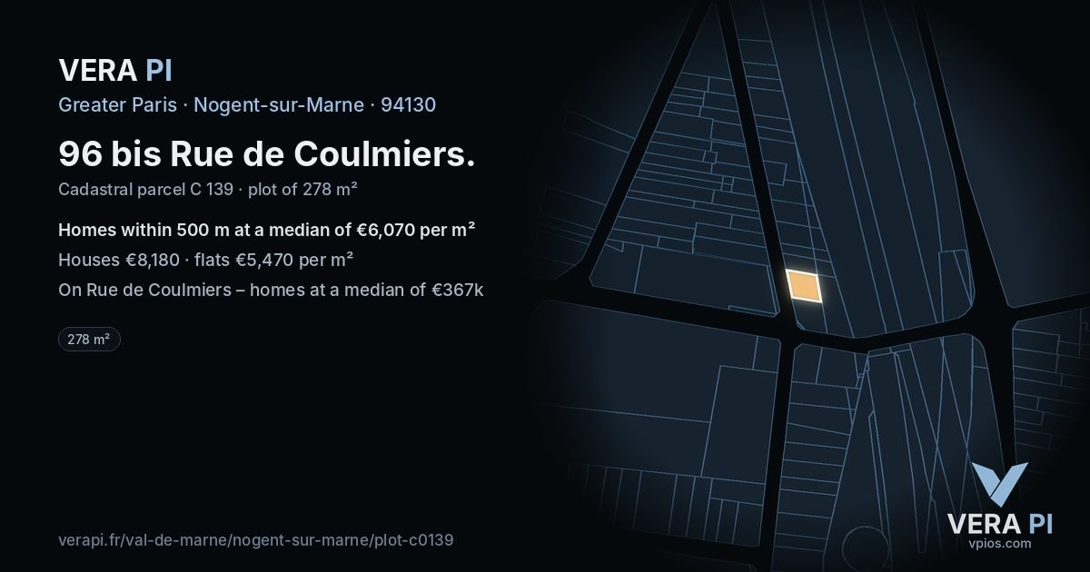 96 bis Rue de Coulmiers, Nogent-sur-Marne at night – the plot lit, the parcels around coloured by the prices near them