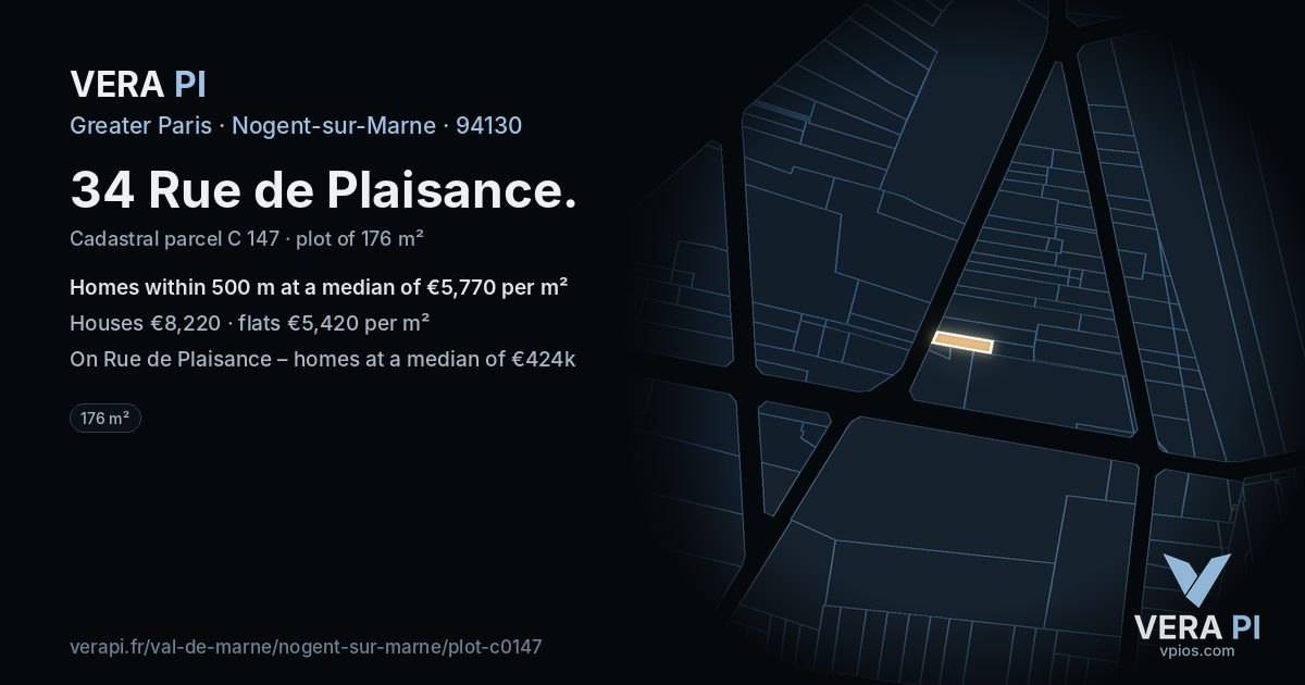 34 Rue de Plaisance, Nogent-sur-Marne at night – the plot lit, the parcels around coloured by the prices near them