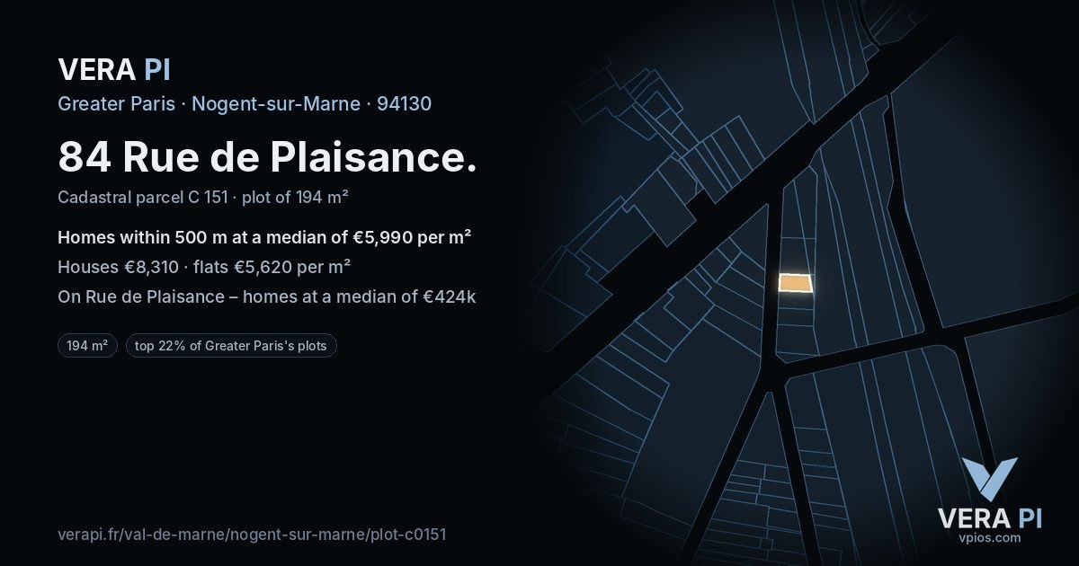 84 Rue de Plaisance, Nogent-sur-Marne at night – the plot lit, the parcels around coloured by the prices near them