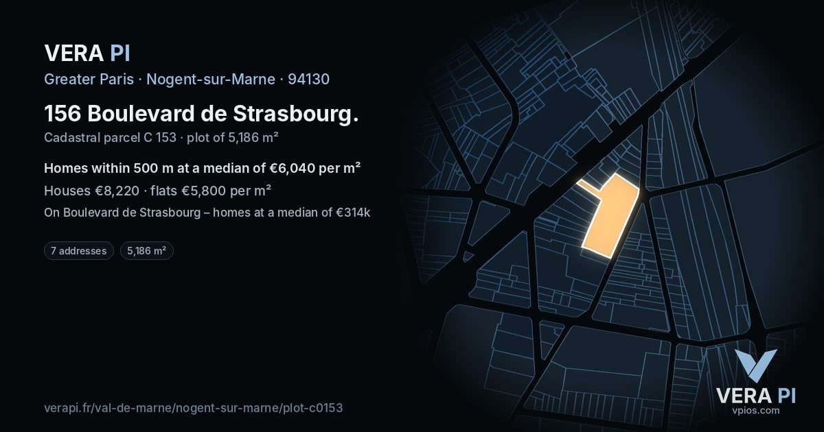 156 Boulevard de Strasbourg, Nogent-sur-Marne at night – the plot lit, the parcels around coloured by the prices near them