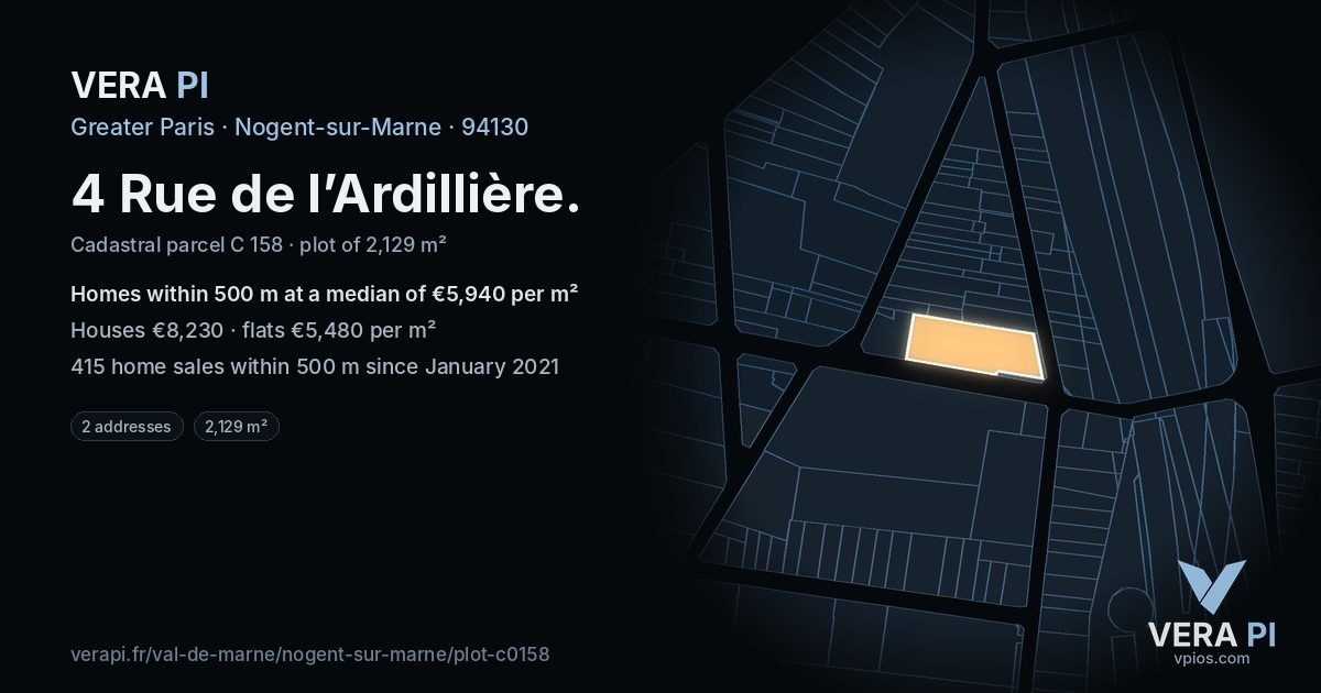 4 Rue de l’Ardillière, Nogent-sur-Marne at night – the plot lit, the parcels around coloured by the prices near them