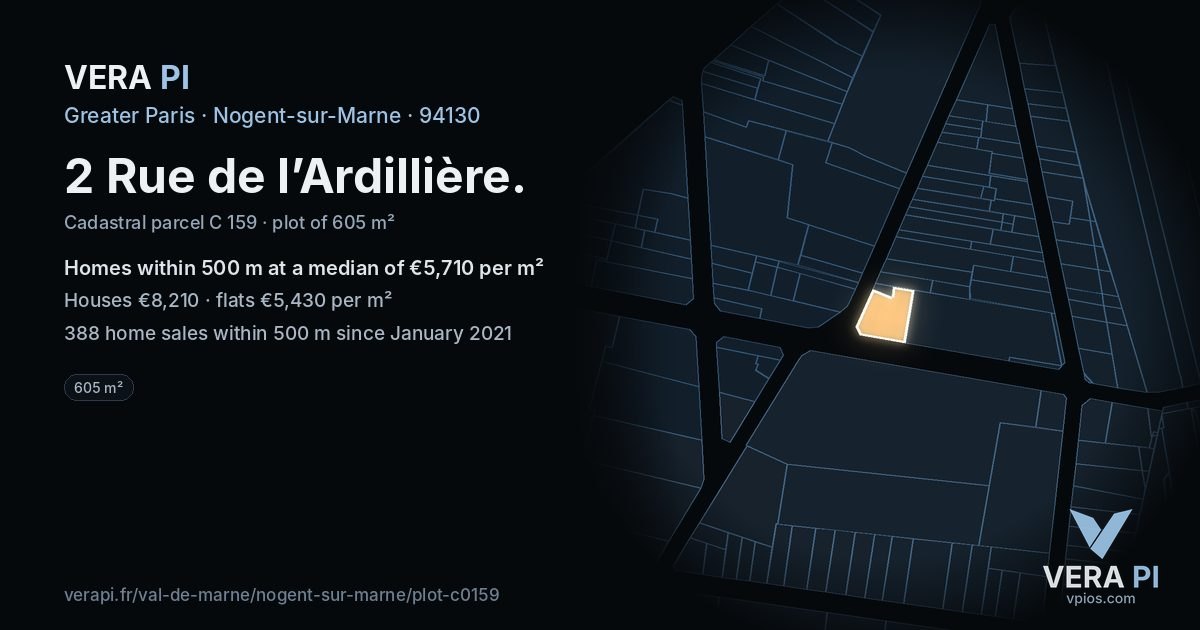 2 Rue de l’Ardillière, Nogent-sur-Marne at night – the plot lit, the parcels around coloured by the prices near them