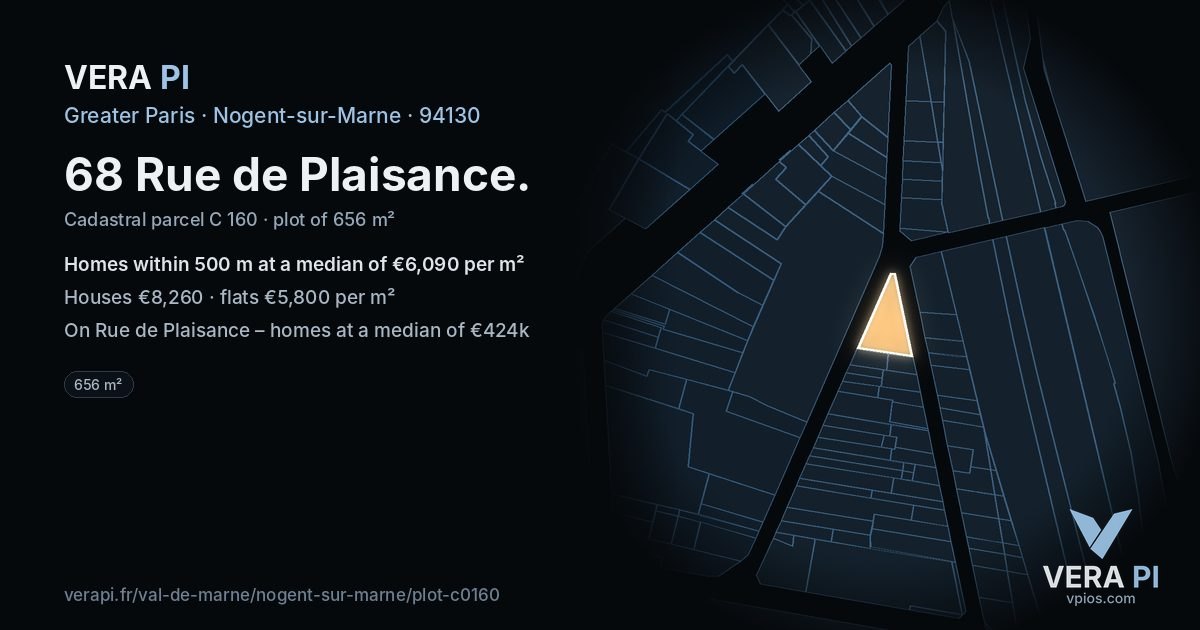 68 Rue de Plaisance, Nogent-sur-Marne at night – the plot lit, the parcels around coloured by the prices near them