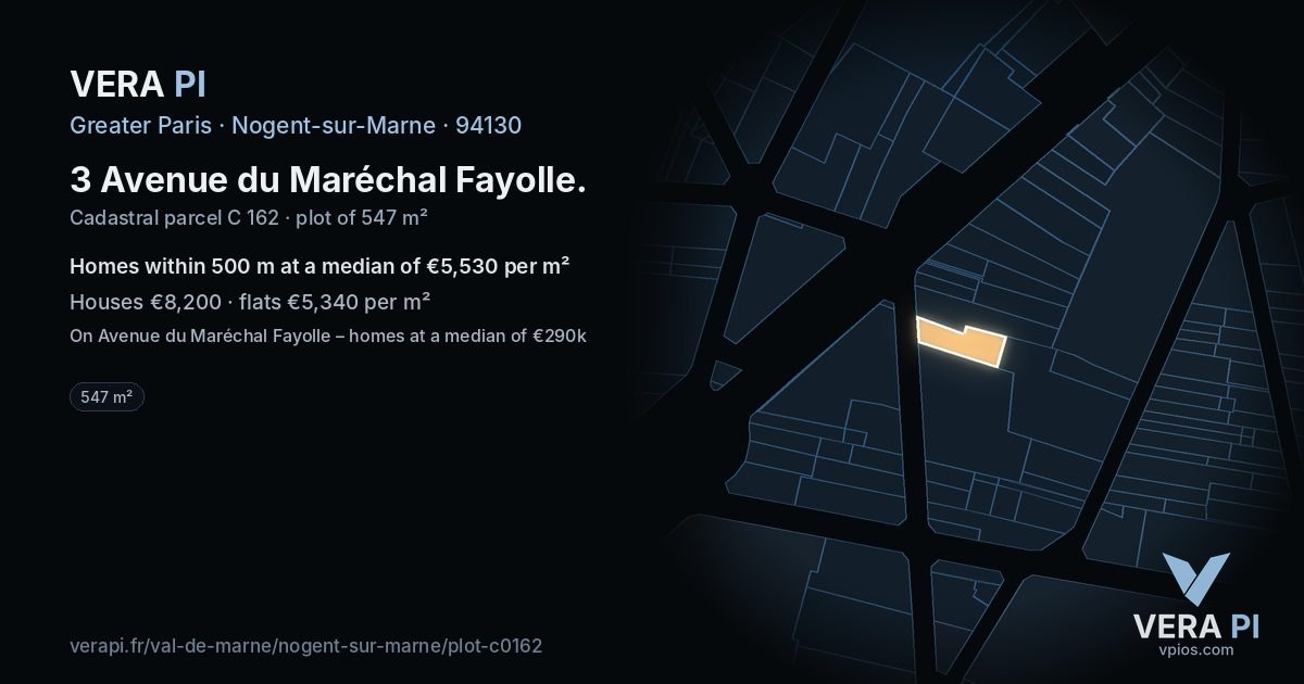 3 Avenue du Maréchal Fayolle, Nogent-sur-Marne at night – the plot lit, the parcels around coloured by the prices near them