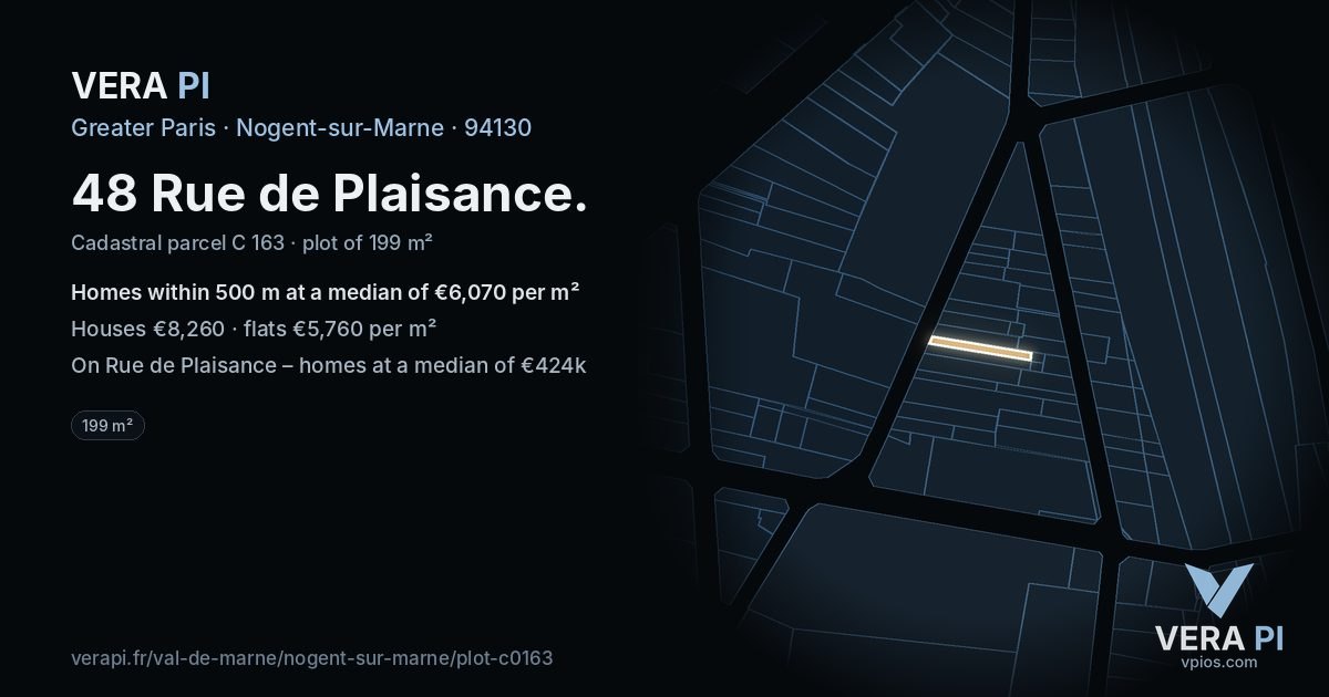 48 Rue de Plaisance, Nogent-sur-Marne at night – the plot lit, the parcels around coloured by the prices near them