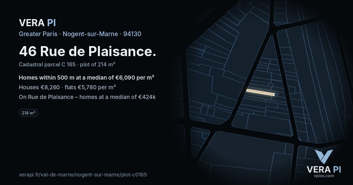 46 Rue de Plaisance, Nogent-sur-Marne at night – the plot lit, the parcels around coloured by the prices near them