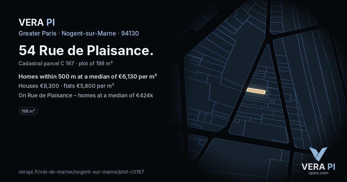 54 Rue de Plaisance, Nogent-sur-Marne at night – the plot lit, the parcels around coloured by the prices near them