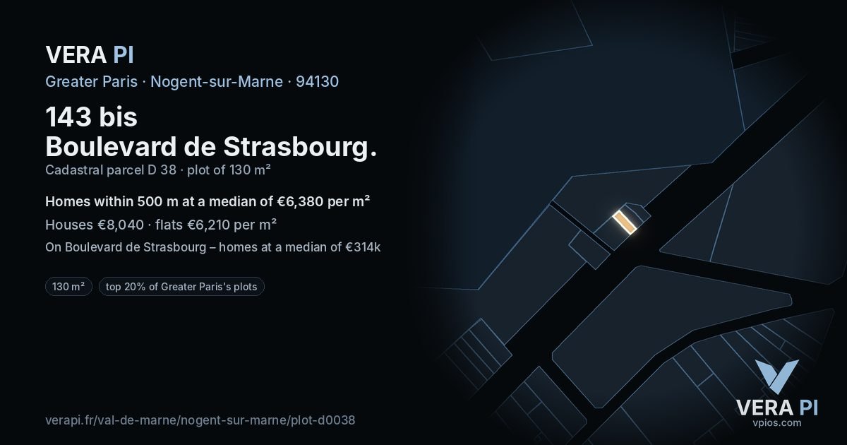 143 bis Boulevard de Strasbourg, Nogent-sur-Marne at night – the plot lit, the parcels around coloured by the prices near them